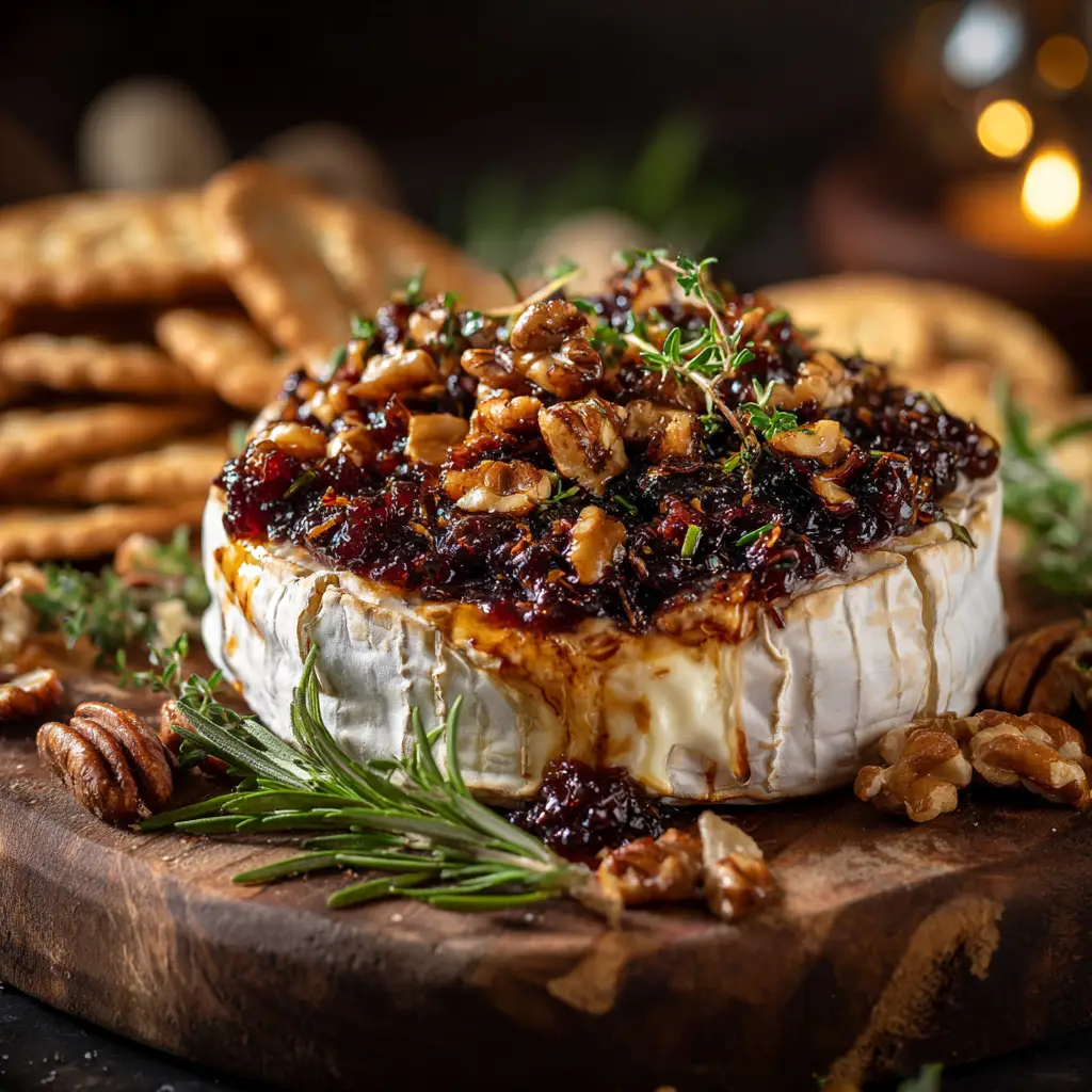 Baked Brie with Fig Jam: The Ultimate Gooey Appetizer 1 A warm, golden-brown baked brie appetizer topped with fig jam, served on a wooden board with crackers and apple slices.