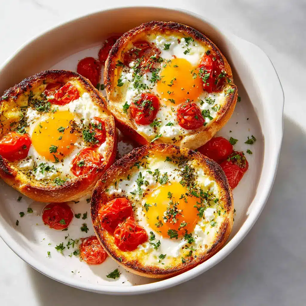 A piece of crusty bread being dipped into the savory baked feta eggs, with a runny yolk visible. This image highlights the dish's delicious, dippable nature.
