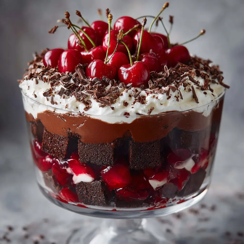 A spoonful of Black Forest Trifle being lifted from the bowl, showing all the components of the dessert in one perfect bite.