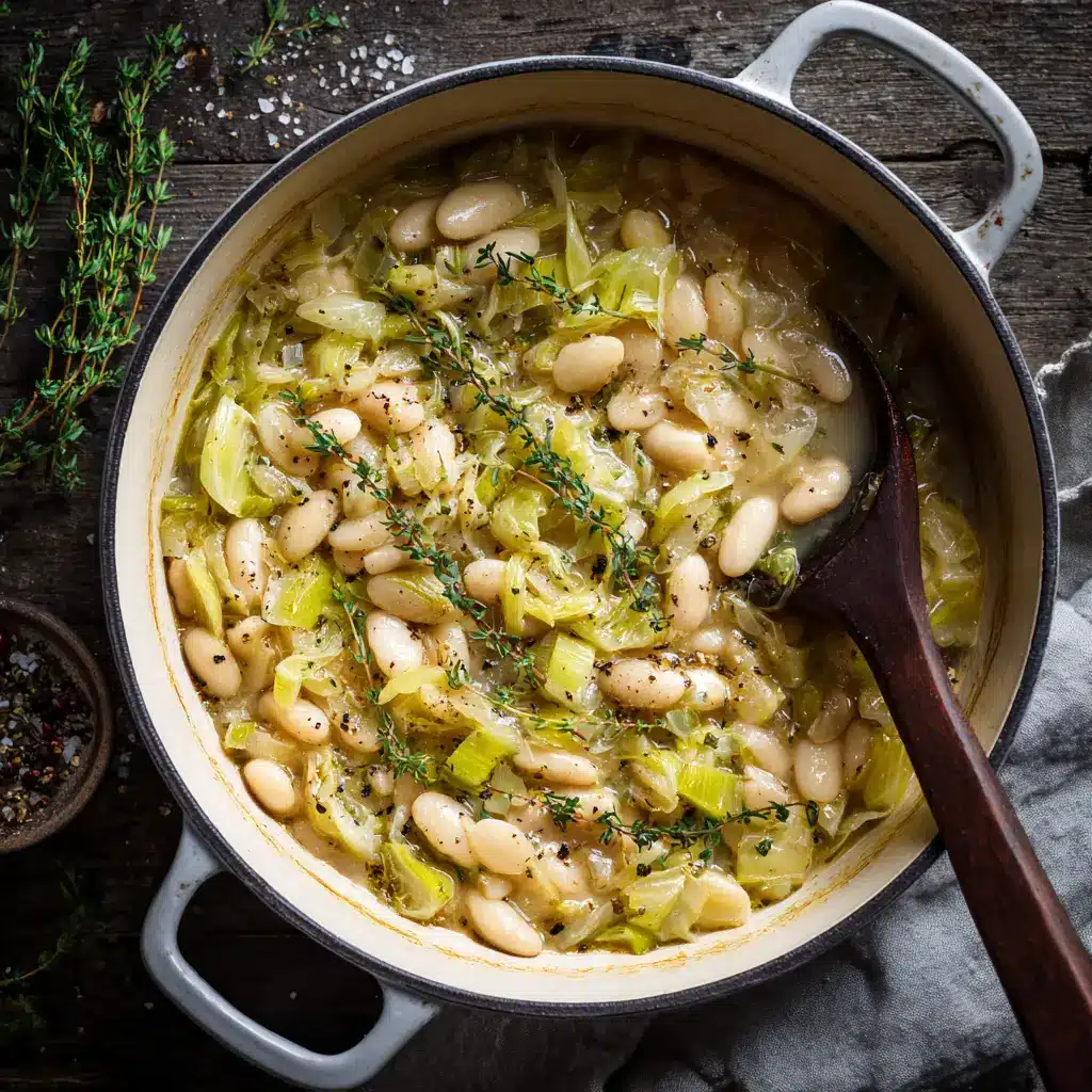 Butter Beans with Leeks: A Creamy, One-Pan Wonder 1 A spoonful of creamy butter beans with leeks being lifted from a Dutch oven, highlighting the tender beans and soft leeks in a savory sauce.