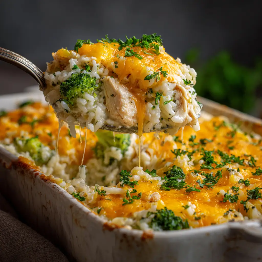 Another perspective of the chicken broccoli rice casserole being served, highlighting the gooey cheese pull.