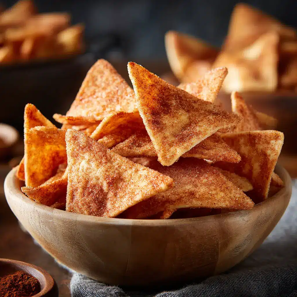 A close-up view of a hand reaching for a crispy cinnamon tortilla chip from a full serving bowl, emphasizing the snack's shareable nature.