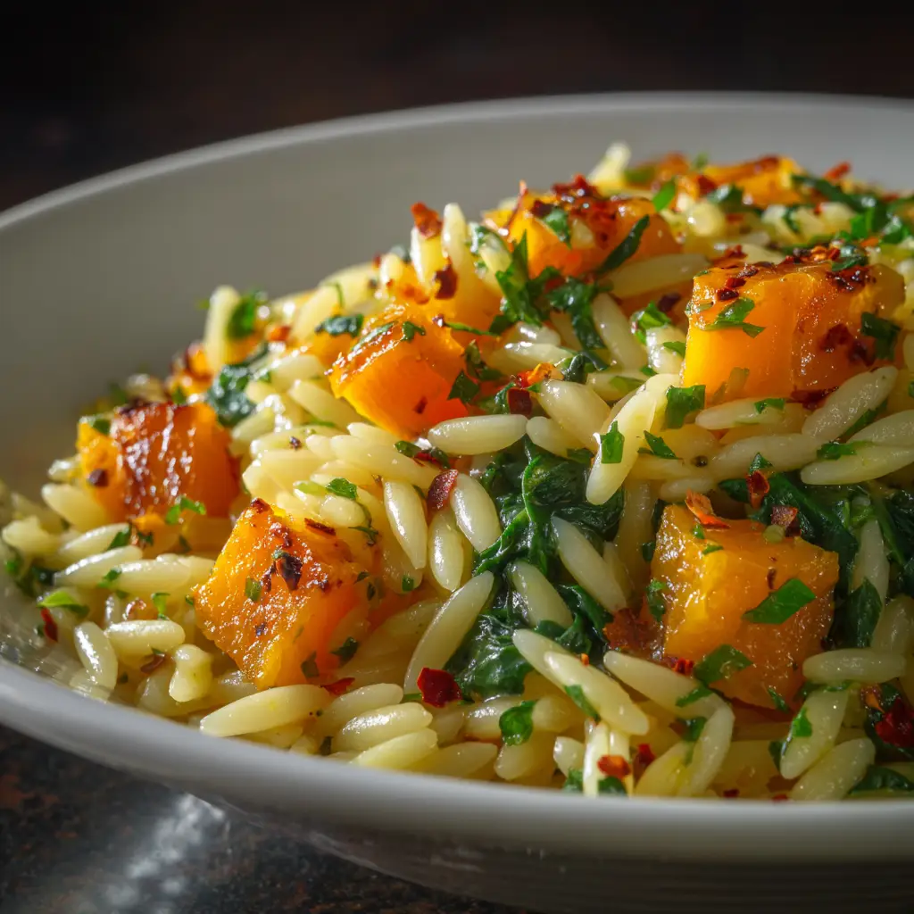 A person holding a white bowl of creamy butternut squash orzo, ready to eat. The background is a cozy, autumnal setting.