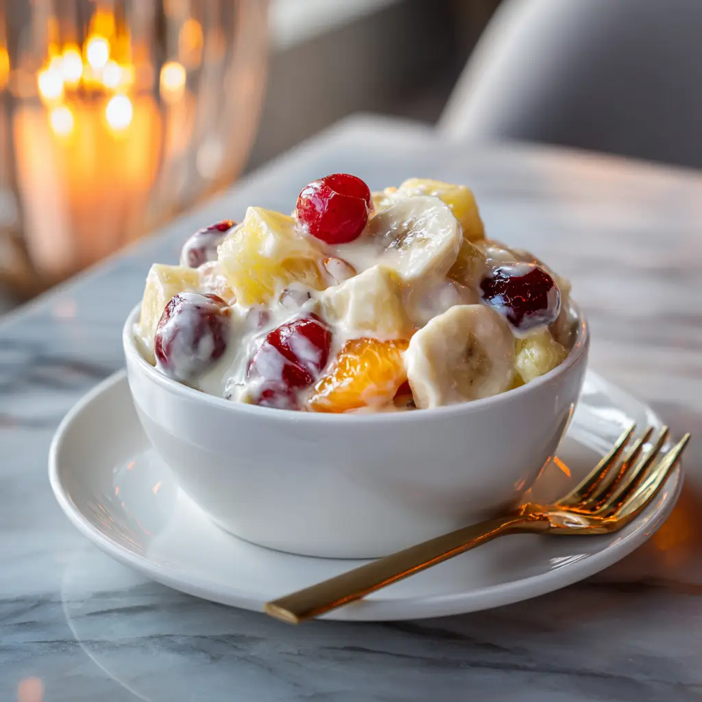 A spoonful of the easy fruit salad being lifted from a bowl, highlighting the mix of grapes, pineapple, and mandarin oranges.