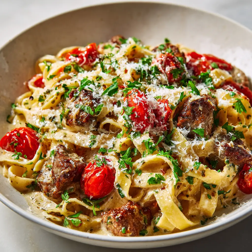 A lifestyle shot of the creamy Italian sausage pasta being served onto a plate, with ingredients like fresh tomatoes and basil in the background.