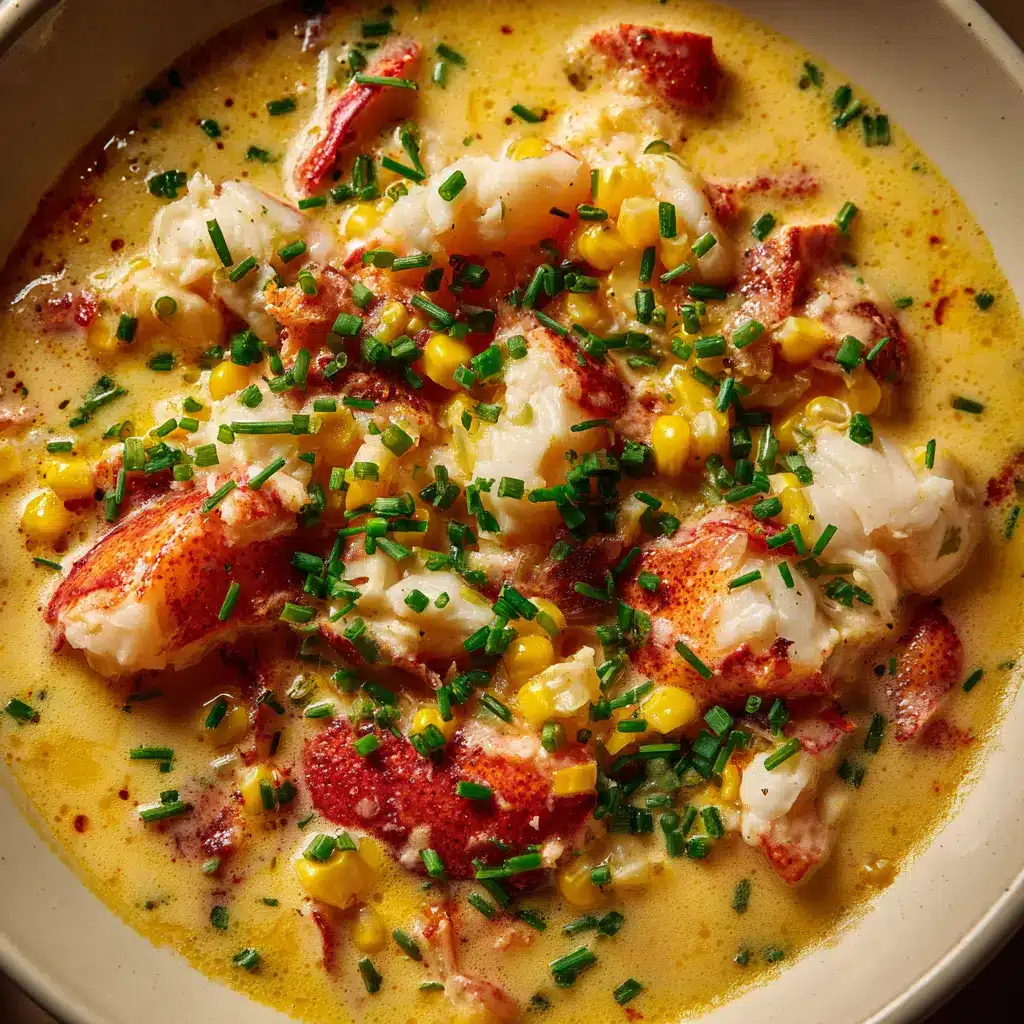 Creamy Lobster Chowder: A Luxurious Meal Made Easy 1 An overhead view of a bowl of creamy lobster chowder next to a spoon and some crusty bread.