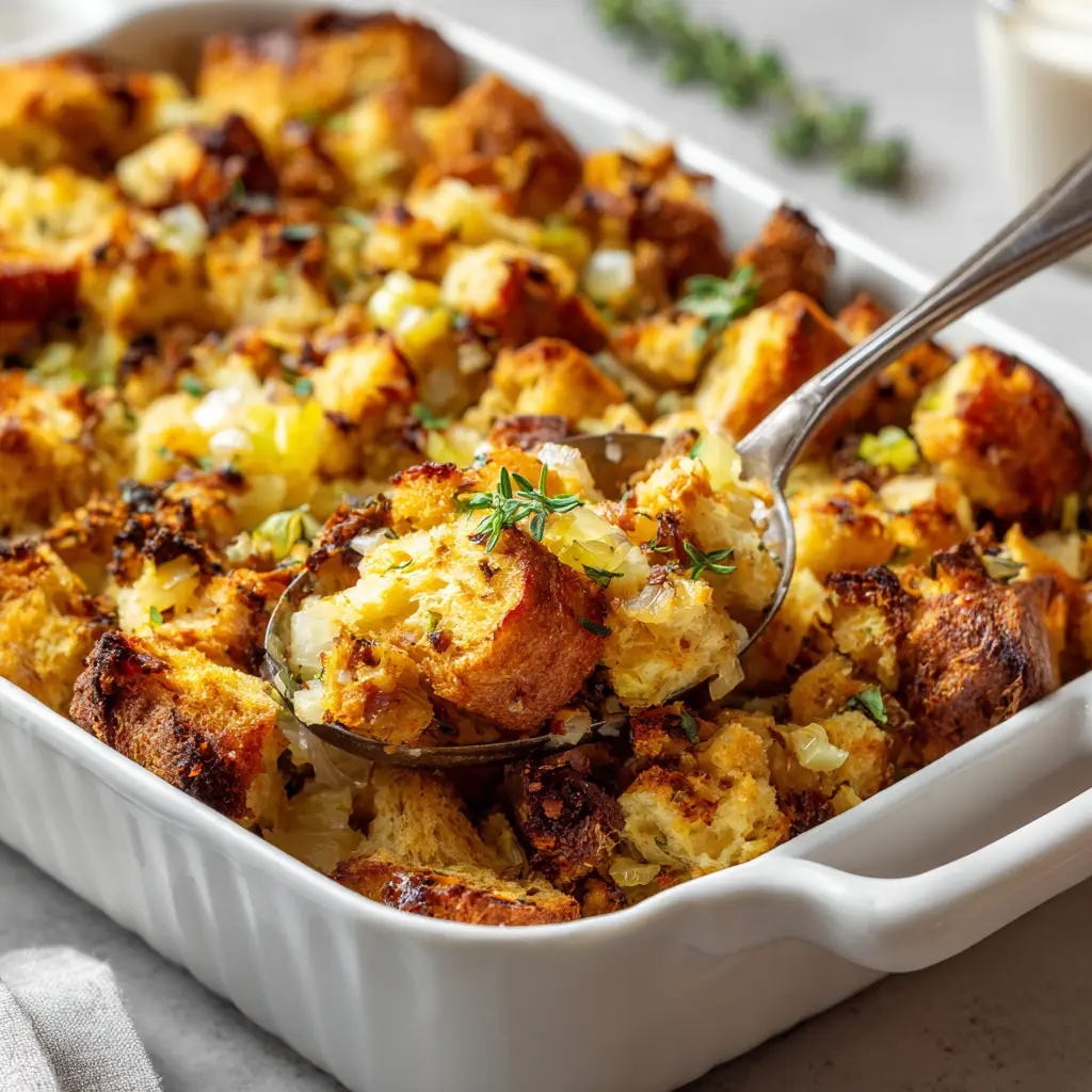 A scoop of classic Thanksgiving stuffing on a serving spoon, lifted from a baking dish. This image illustrates the easy stuffing recipe's final serving.