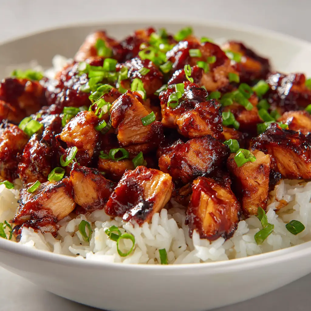 A spoonful of the honey bbq chicken rice bowl being lifted, showing the tender chicken, flavorful rice, and a garnish of green onions.
