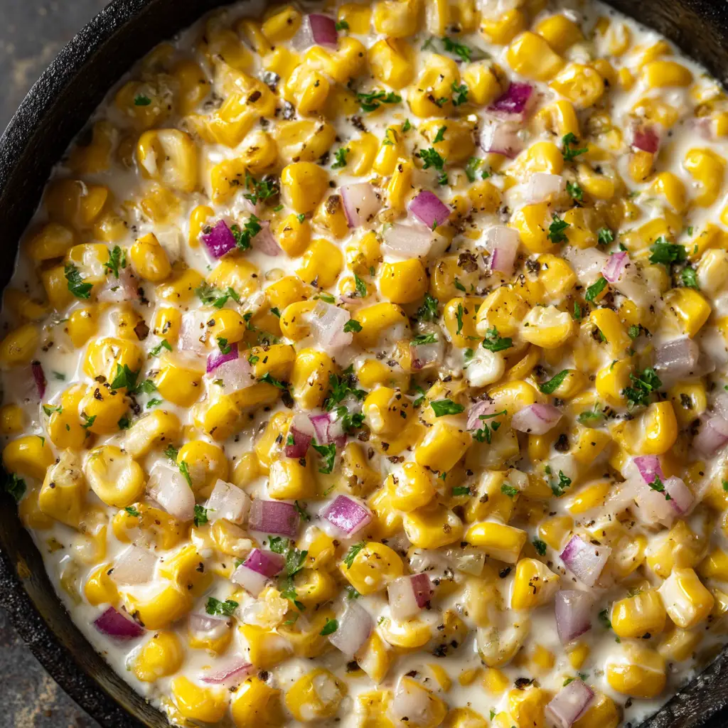 A spoonful of honey butter corn being lifted from a black cast-iron skillet, ready to be served.