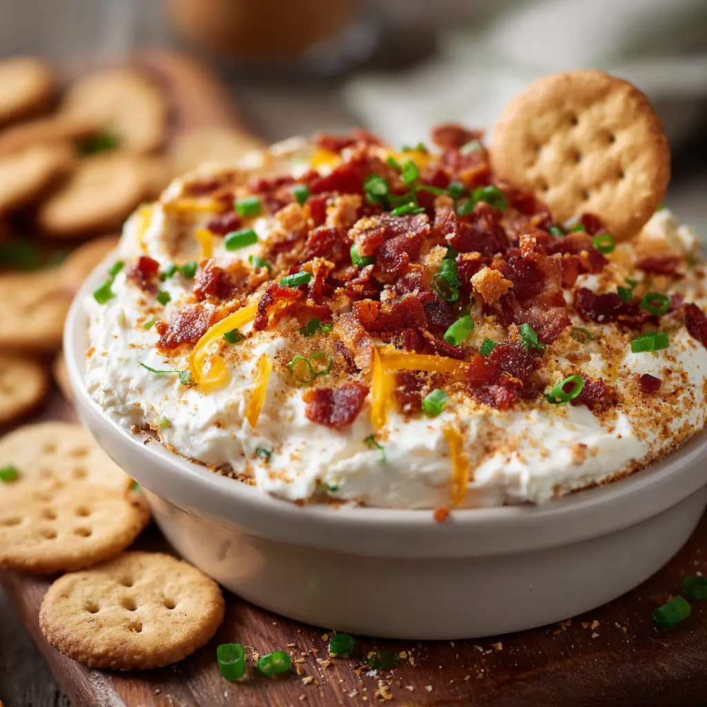 A cracker scooping up a generous amount of Neiman Marcus Dip, showing the crunchy almonds and savory bacon.