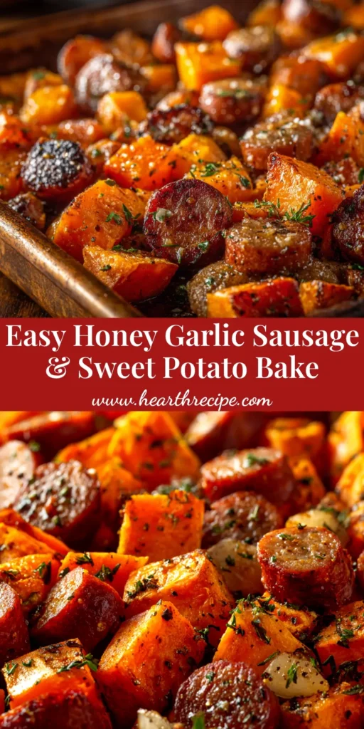 Sheet Pan Sausage and Sweet Potatoes: The Ultimate Weeknight Dinner 4 A top-down view of a delicious sheet pan sausage and sweet potatoes dinner, roasted with bell peppers and onions. The perfect easy weeknight meal.