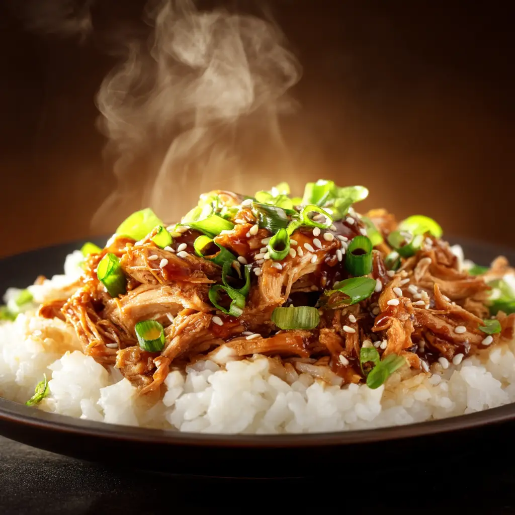 A close-up of shredded teriyaki chicken in a white bowl, highlighting the texture of the tender chicken and the rich, dark glaze of the sauce.