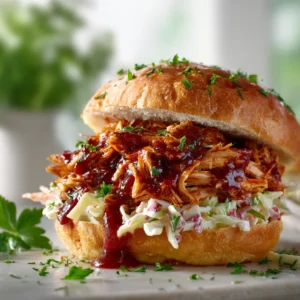 Juicy, shredded slow cooker BBQ chicken in a white bowl, ready to be served. The sauce is rich and thick, clinging to every piece of chicken.