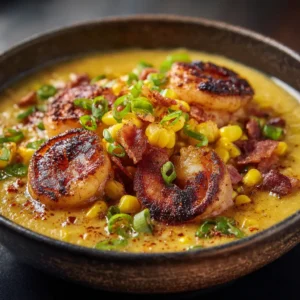 A close-up shot of the ingredients for shrimp and corn bisque, including raw shrimp, fresh corn, and aromatic vegetables on a wooden board.
