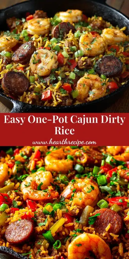 A top-down view of a skillet filled with flavorful Shrimp Sausage Dirty Rice, garnished with fresh green onions and parsley. The rice is a rich brown color, mixed with pieces of sausage and pink shrimp.