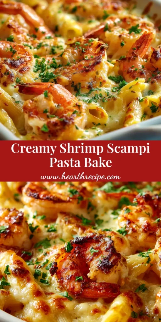 An overhead shot of a delicious Shrimp Scampi Pasta Bake in a white baking dish, showing juicy shrimp, a golden breadcrumb topping, and fresh parsley.