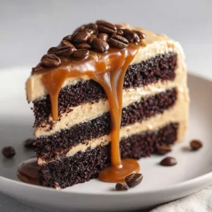 A perfect slice of moist espresso caramel cake on a white plate, showing the distinct layers of coffee sponge and silky caramel buttercream.