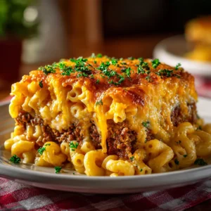 A thick, perfect slice of Mac and Cheese Meatloaf Casserole served on a white plate, showcasing the distinct layers of juicy meatloaf and creamy macaroni.