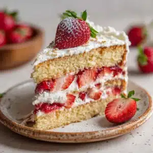 A perfect slice of strawberry shortcake layer cake on a white plate, showcasing the moist vanilla cake, juicy strawberries, and whipped cream layers.