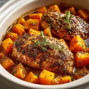 A close-up of a serving of slow cooker maple dijon chicken, showing the tender texture of the meat and the glossy glaze, served with roasted butternut squash.