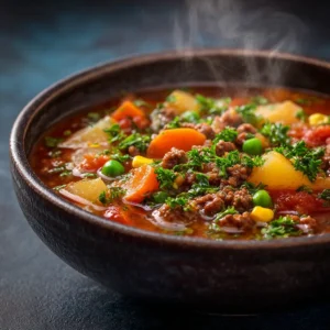 A close-up shot of the rich broth and ingredients in the slow cooker vegetable beef soup, showing tender beef and vibrant vegetables.