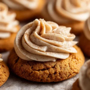 An extreme close-up shot of a soft pumpkin cookie, highlighting its thick, cakey crumb and moist texture. The cookie is topped with a swirl of cream cheese frosting.