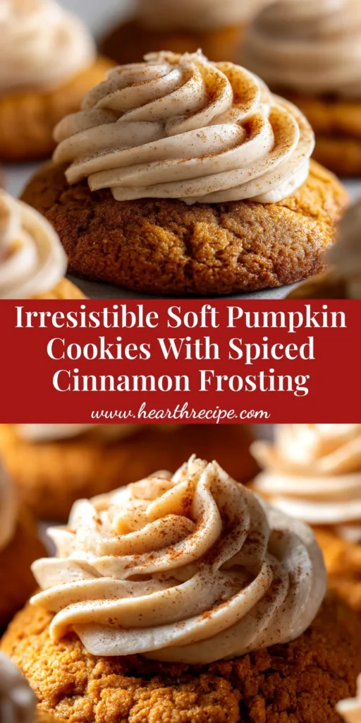 A stack of soft pumpkin cookies topped with cream cheese frosting, with one cookie broken in half to show the soft, cakey texture. A small pumpkin sits in the background.
