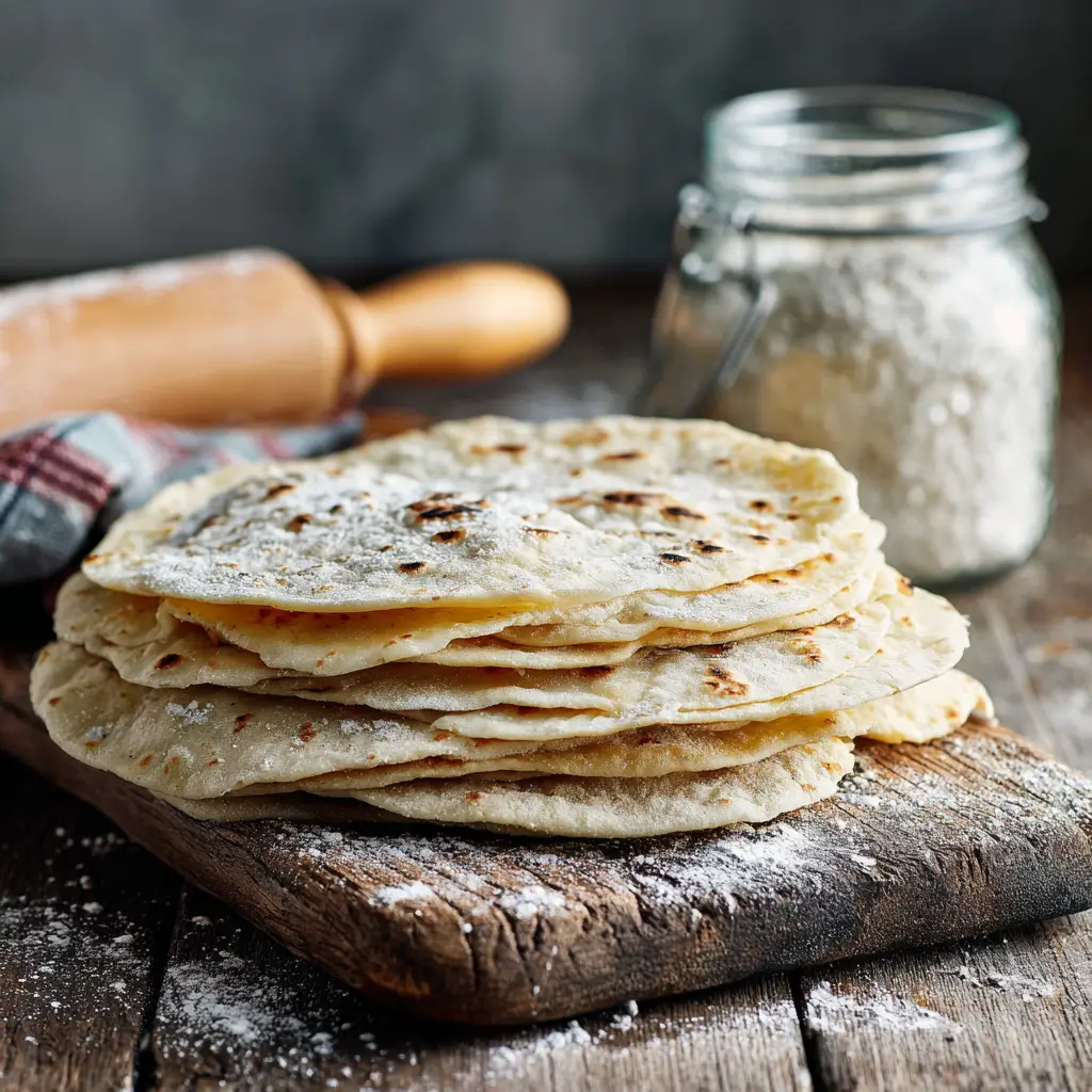 Sourdough Discard Tortillas (The Easiest, Softest Recipe!) 1 A ball of smooth tortilla dough resting on a floured surface next to a rolling pin, ready to be rolled out.