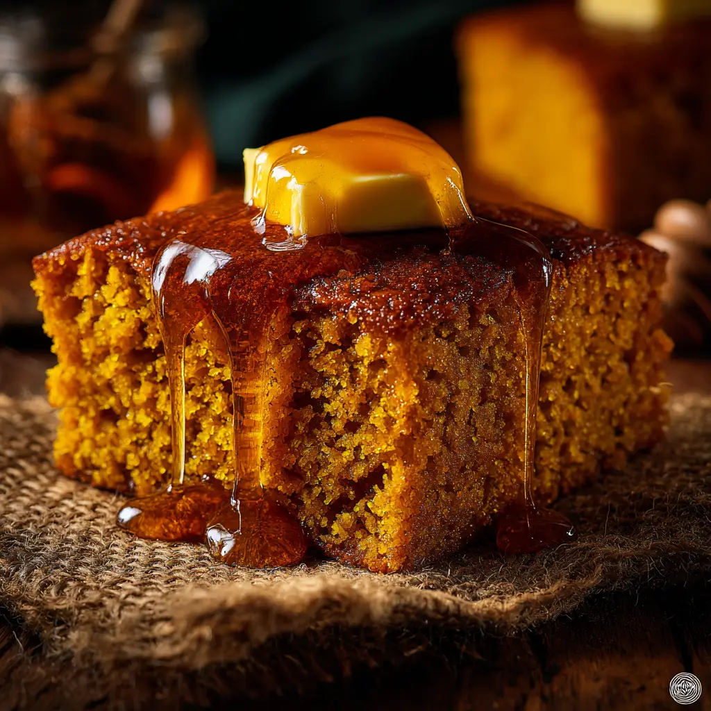 A close-up of the golden, slightly crispy edge of spiced pumpkin cornbread in a baking dish.