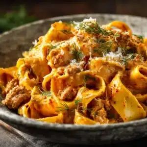 A close-up shot of a fork twirling spicy Calabrian chili pasta, showing the rich texture of the creamy sauce and chili flakes.