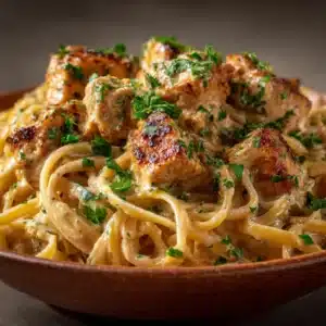 A skillet filled with spicy chicken pasta, showing the creamy cowboy butter sauce clinging to the linguine and chicken pieces.