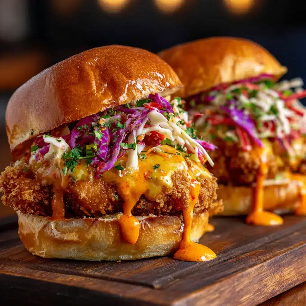 Assembled spicy chicken sliders on a plate, ready to be served as a delicious party appetizer.
