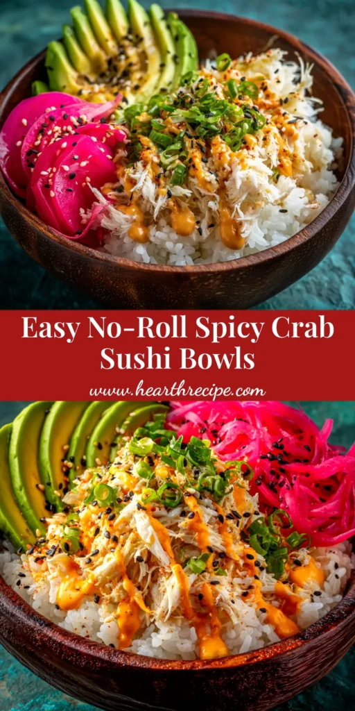 An overhead shot of delicious Spicy Crab Sushi Bowls loaded with avocado, cucumber, and edamame, with text overlay for Pinterest.