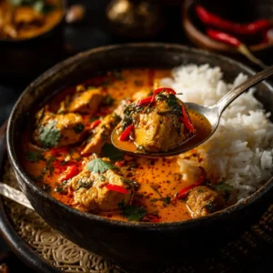 A close-up shot of spicy West African chicken stew simmering in a pot, showing the rich texture of the coconut and tomato sauce.