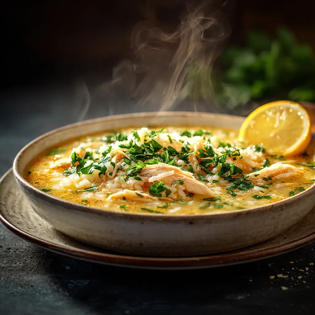 A spoonful of Greek chicken soup with orzo and fresh dill being lifted from a bowl.