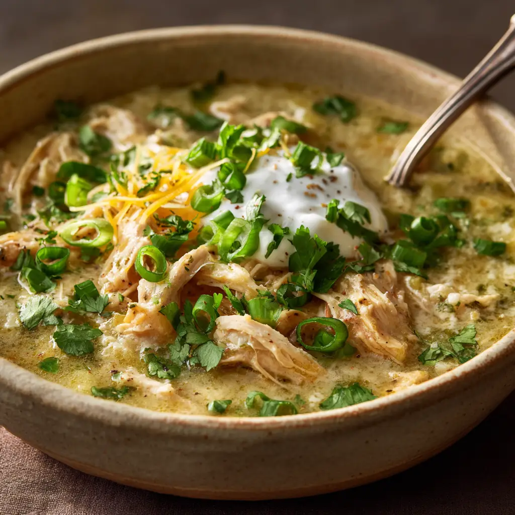 A spoonful of green enchilada chicken soup being lifted from a bowl, showcasing the rich broth and hearty ingredients.