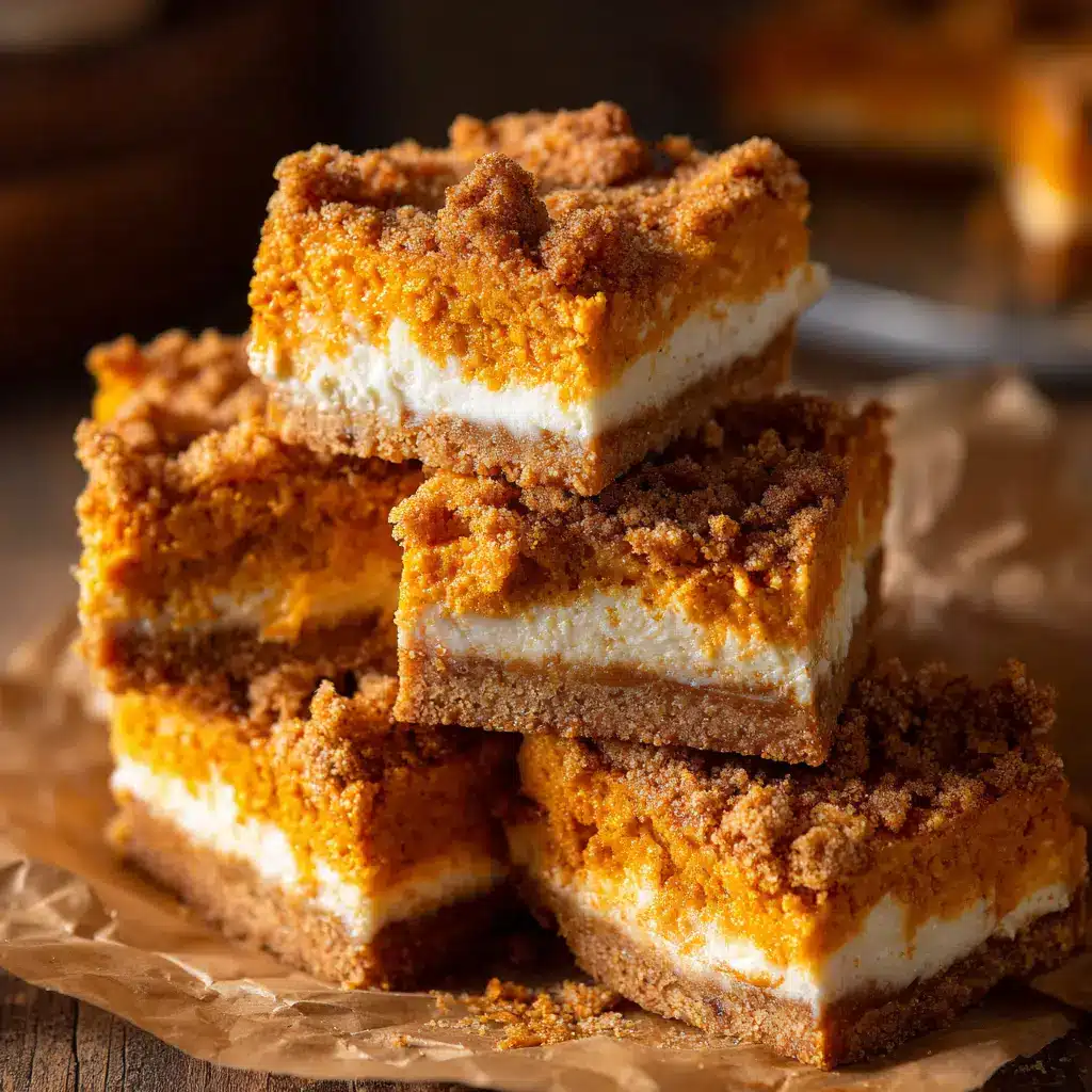 Pumpkin Cheesecake Bars: The Ultimate Creamy Fall Treat 2 A stack of several creamy pumpkin cheesecake bars, showing the distinct layers of graham cracker crust and pumpkin filling.