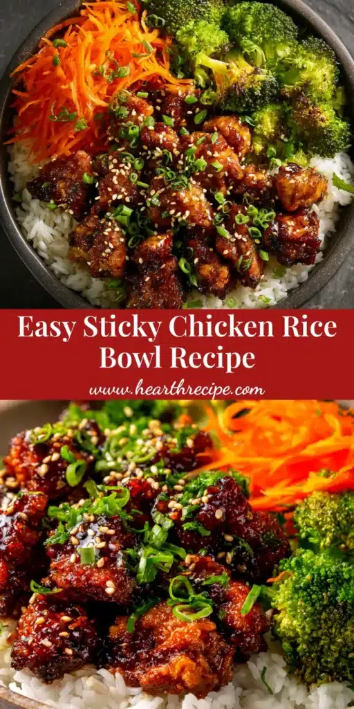 A vibrant Sticky Chicken Rice Bowl in a white bowl, topped with sesame seeds and green onions, with chopsticks resting on the side. The chicken is glossy with a sweet and savory glaze.