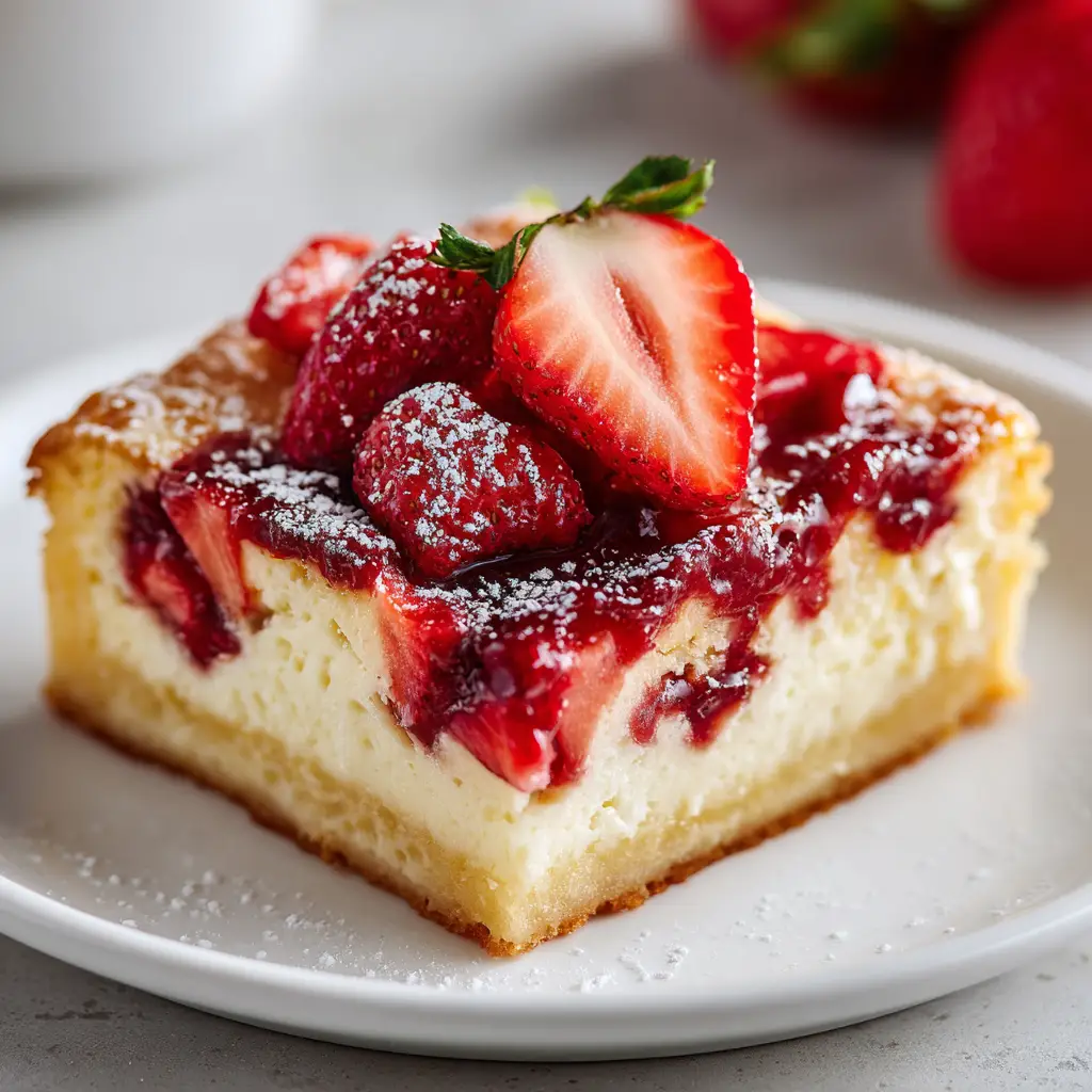The ingredients for Strawberry Cheesecake Dump Cake laid out on a wooden surface: a box of yellow cake mix, cans of strawberry pie filling, a block of cream cheese, and butter.
