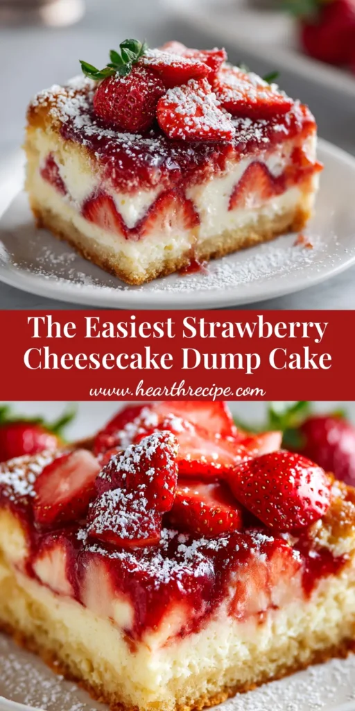 A slice of delicious Strawberry Cheesecake Dump Cake on a white plate, topped with a scoop of vanilla ice cream. The cake shows layers of strawberry filling and a golden-brown buttery topping.