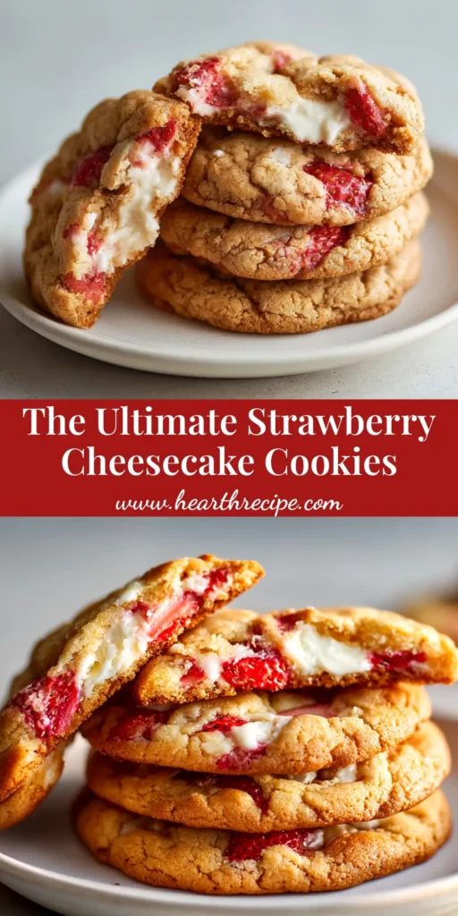 A stack of delicious Strawberry Cheesecake Stuffed Cookies with one cookie broken open to show the creamy cheesecake filling.