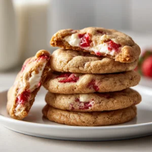 A close-up shot of a stack of freshly baked strawberry cream cheese cookies, showing their golden-brown texture.