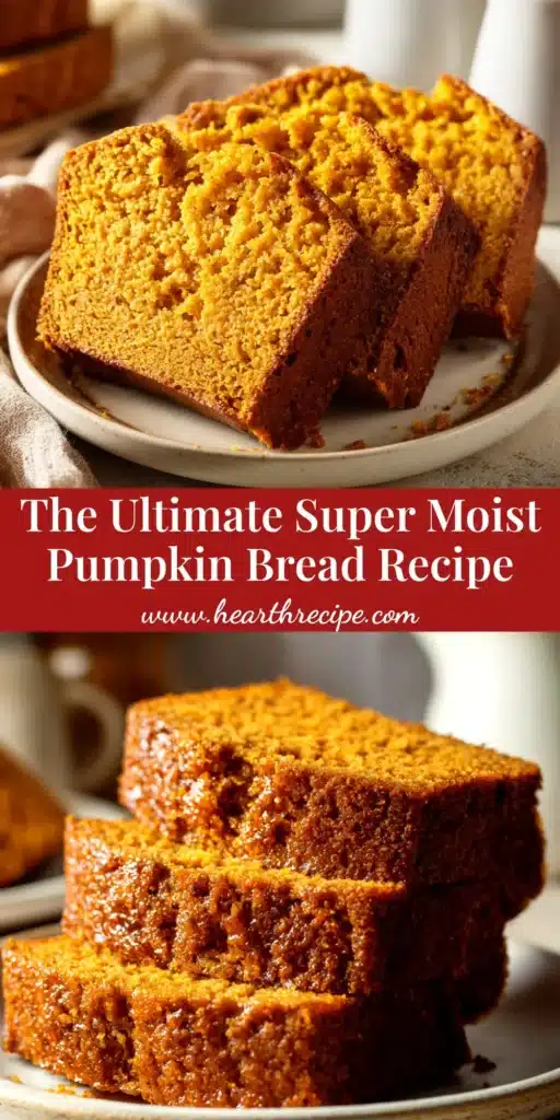 A beautiful hero shot of the super moist pumpkin bread recipe on a wooden board. The perfect pin to save for fall baking.