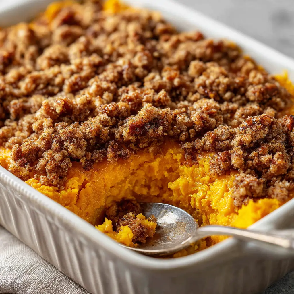 The ingredients for the sweet potato souffle pecan topping, including flour, brown sugar, butter, and pecans, arranged in a bowl.
