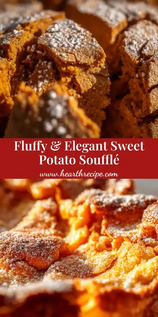 A delicious Sweet Potato Soufflé in a white baking dish, topped with a crunchy pecan streusel. A serving spoon is lifting a portion, showing the light and fluffy texture inside.