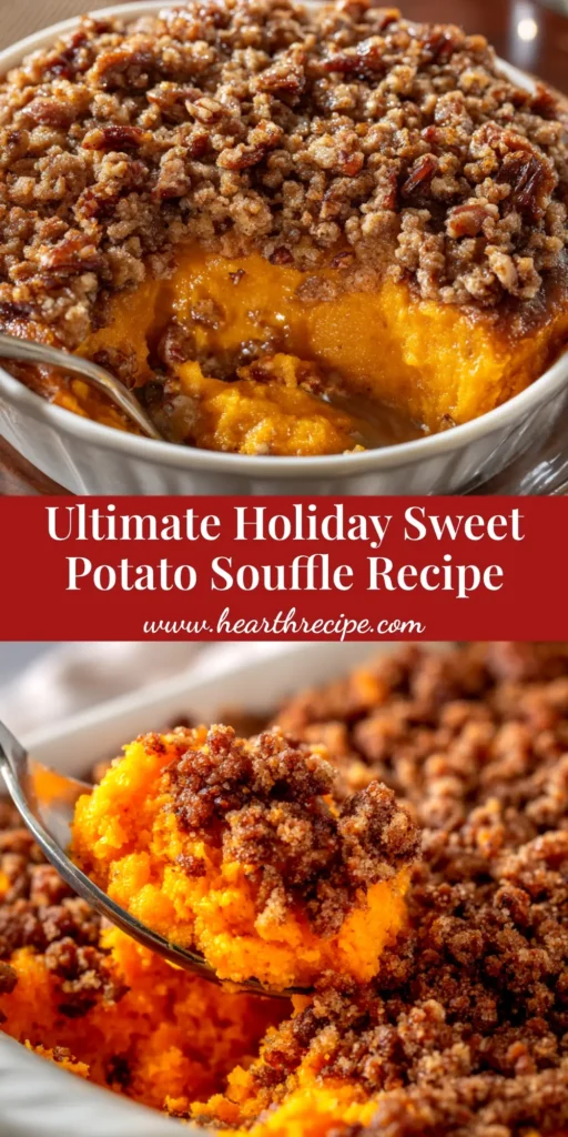 A beautiful Sweet Potato Souffle in a white baking dish, topped with a crunchy pecan streusel. The perfect holiday side dish recipe.