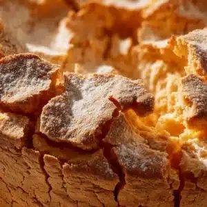 A close-up macro shot of the golden-brown pecan streusel topping on the baked sweet potato soufflé.