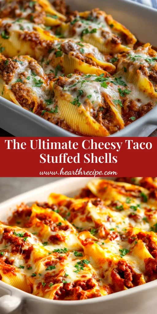 A shareable pin image of delicious taco stuffed shells in a baking dish, topped with melted cheese and fresh cilantro, with text overlay.