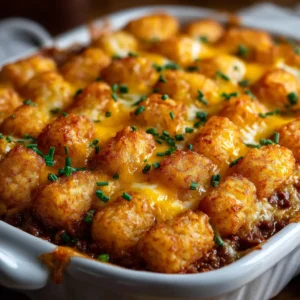 A close-up scoop of tater tot casserole on a spatula, revealing the creamy ground beef and green bean filling underneath.