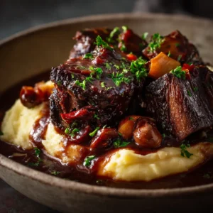 An extreme close-up of a fork cutting into a tender braised short rib, highlighting the juicy, fall-off-the-bone texture of the meat.